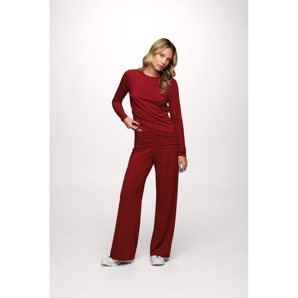 Nuuds Red Long Sleeve Top and Wide Leg Fold Over Waistband Lounge Set 2 Piece